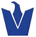 A blue logo of the v for victory.